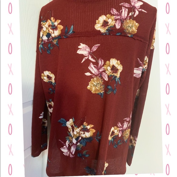 ❌DONATED❌Burgundy Wine Floral Print Waffle V-neck Long Sleeve Top - Picture 7 of 11